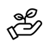 A simple black and white icon of a hand holding a small plant with two leaves, symbolizing growth, care, or environmental protection—perfect for promoting refurbished printers and sustainable practices.