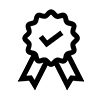 A black and white icon of an award ribbon with two tails and a scalloped edge, featuring a check mark in the center—perfect for highlighting certified refurbished printers.