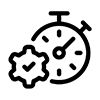 Black and white icon of a stopwatch next to a gear with a check mark inside, representing time management or efficiency when using refurbished printers.