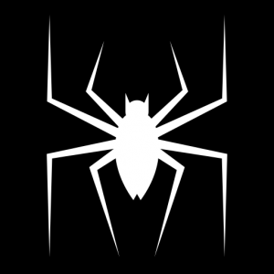 A bold, white spider emblem with angular legs is centered on a black background. The design is symmetrical and stylized, much like the iconic imagery found in comic books or on refurbished printers' branding.