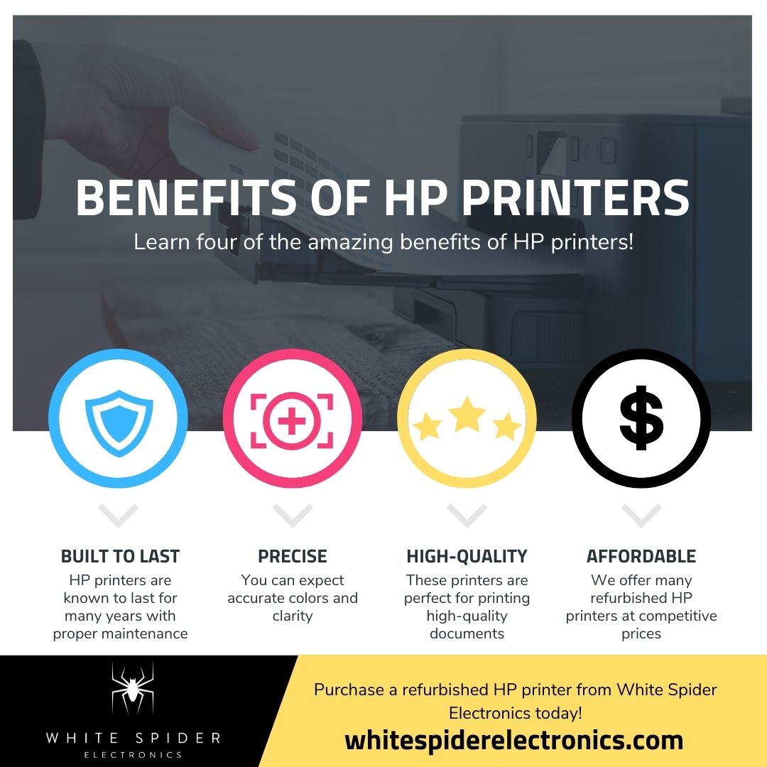 Infographic titled Benefits of HP Printers highlights four key benefits—built to last, precise, high-quality, and affordable—each with brief descriptions and icons. Features the White Spider Electronics logo and website at the bottom.