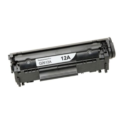 A black toner cartridge labeled Replacement For: Q2612A 12A is shown against a white background. The cartridge fits compatible laser printers—learn how to tell if a printer cartridge is empty to ensure uninterrupted printing.